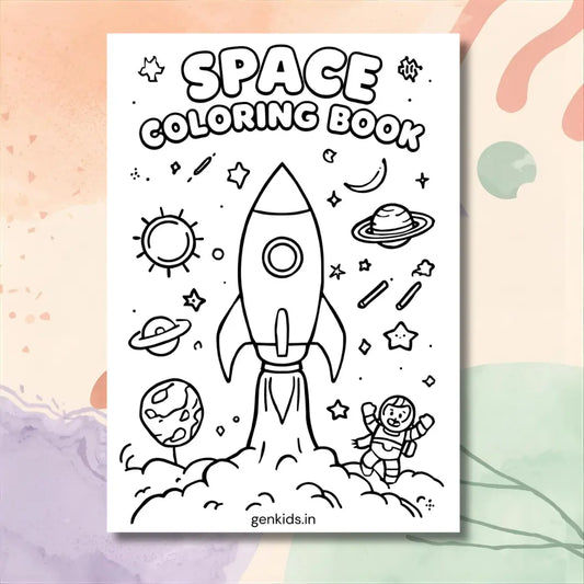Space coloring book with a rocket and planets on a colorful background